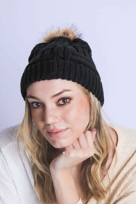 Braided Knitted Fur Pom Pom Beanie in - Hats photo