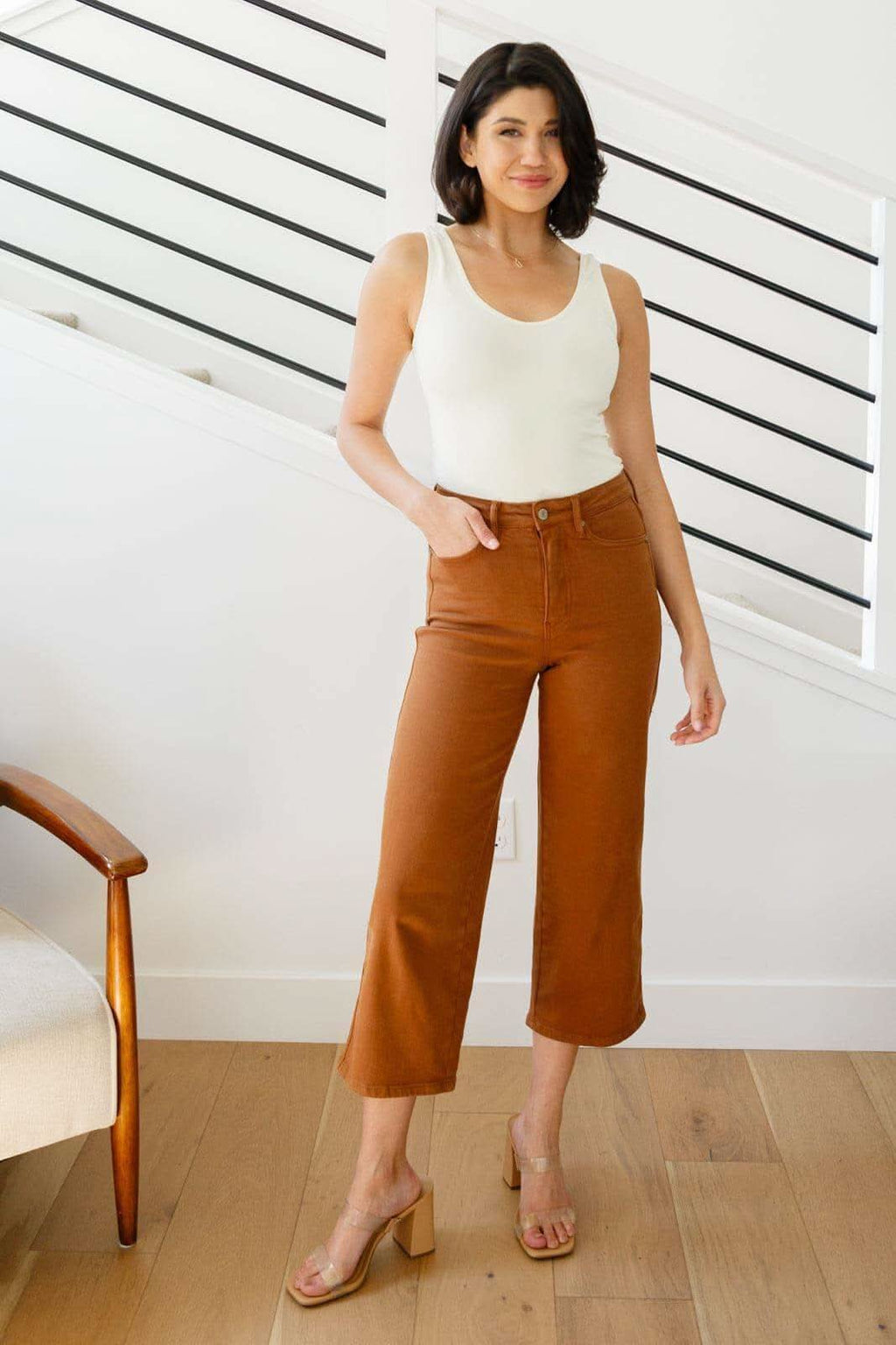 Judy Blue Briar High Rise Control Top Wide Leg Crop Jeans in Camel in - Denim photo