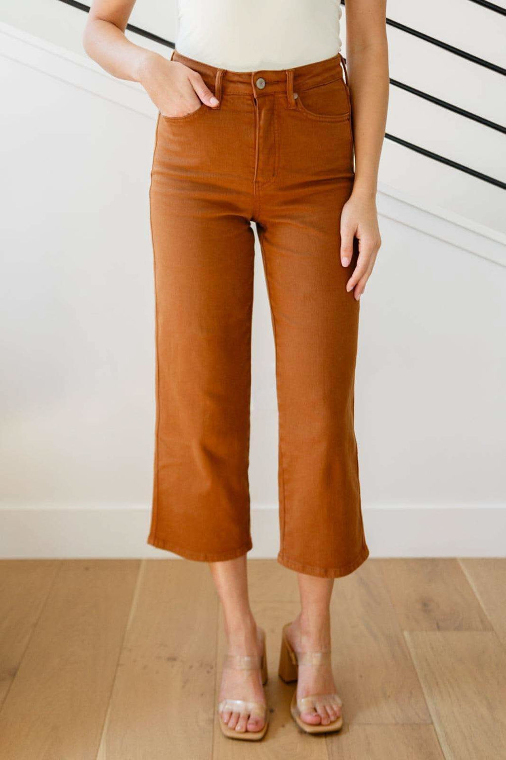 Judy Blue Briar High Rise Control Top Wide Leg Crop Jeans in Camel in - Denim photo
