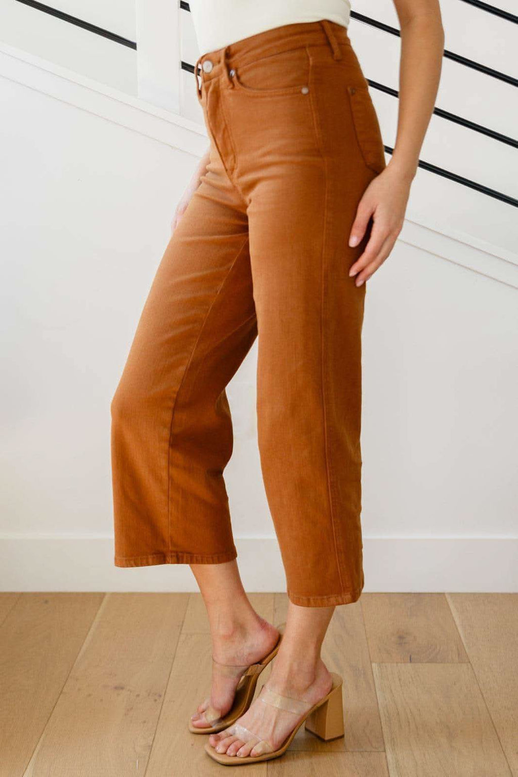 Judy Blue Briar High Rise Control Top Wide Leg Crop Jeans in Camel in - Denim photo
