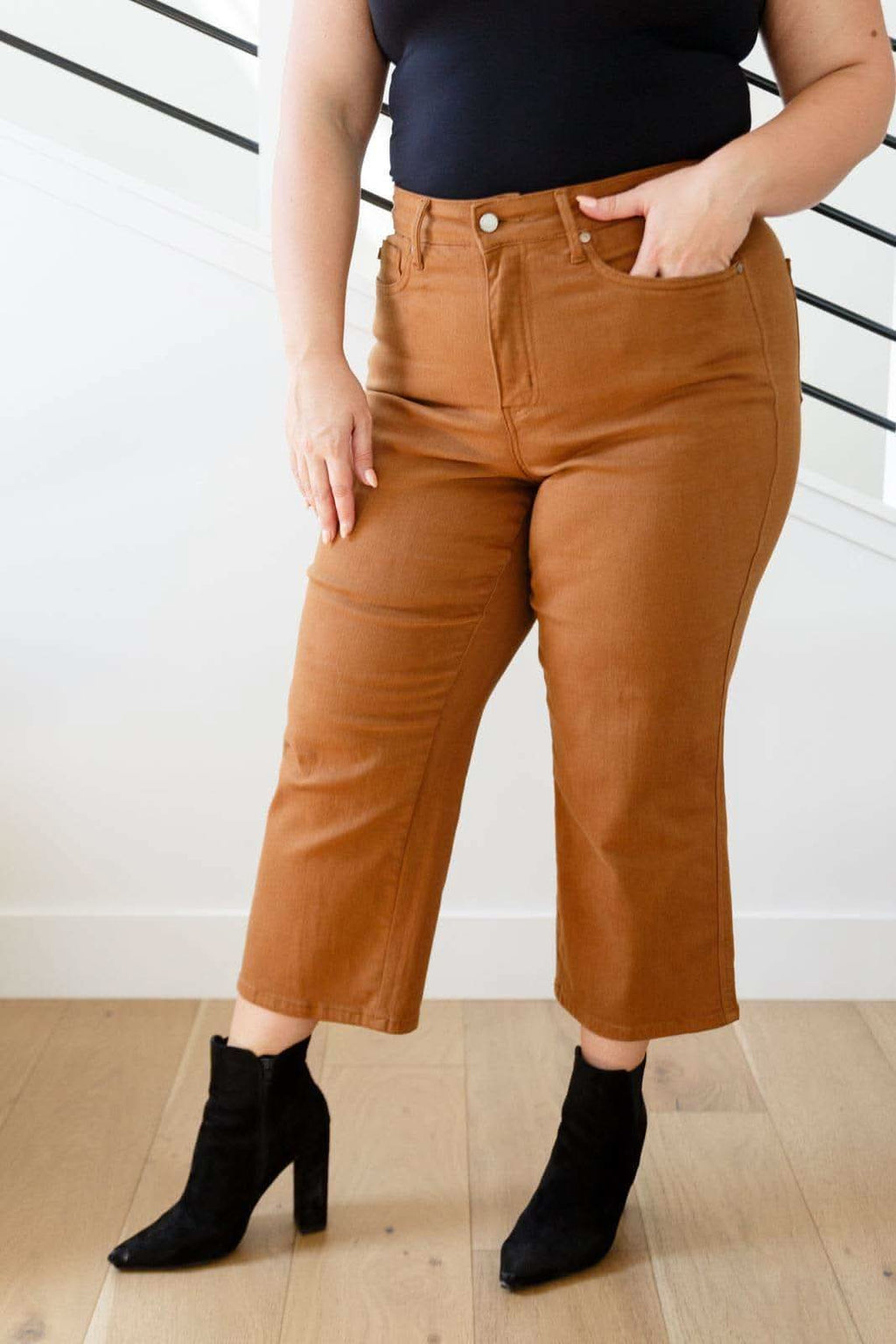 Judy Blue Briar High Rise Control Top Wide Leg Crop Jeans in Camel in - Denim photo