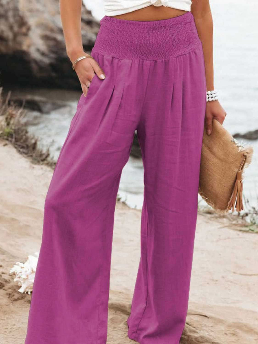 Smocked Waist Wide Leg Pants - SwagglyLife Home & Fashion