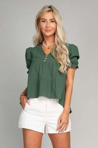 Button Front Puff Sleeve Blouse, Dark Green - SwagglyLife Home & Fashion Button Front Puff Sleeve Blouse, Dark Green - SwagglyLife Home & Fashion