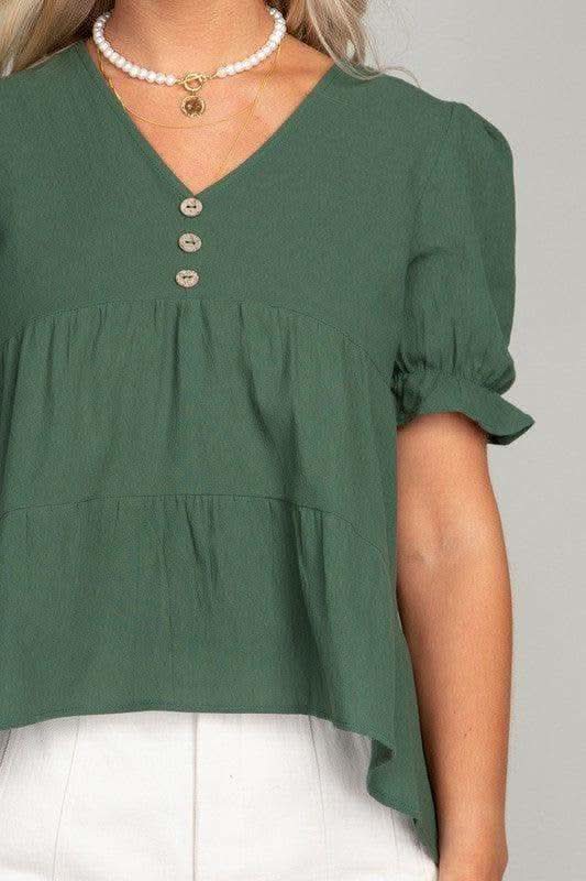 Button Front Puff Sleeve Blouse, Dark Green - SwagglyLife Home & Fashion Button Front Puff Sleeve Blouse, Dark Green - SwagglyLife Home & Fashion