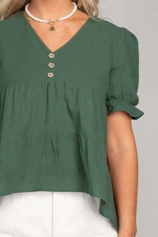 Button Front Puff Sleeve Blouse, Dark Green - SwagglyLife Home & Fashion Button Front Puff Sleeve Blouse, Dark Green - SwagglyLife Home & Fashion