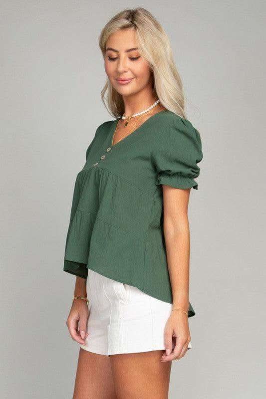 Button Front Puff Sleeve Blouse, Dark Green - SwagglyLife Home & Fashion