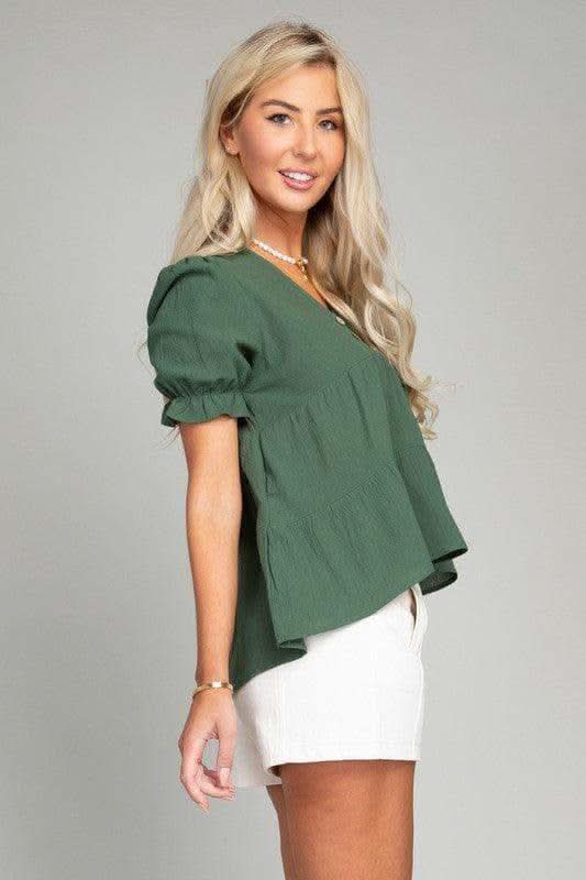 Button Front Puff Sleeve Blouse, Dark Green - SwagglyLife Home & Fashion Button Front Puff Sleeve Blouse, Dark Green - SwagglyLife Home & Fashion