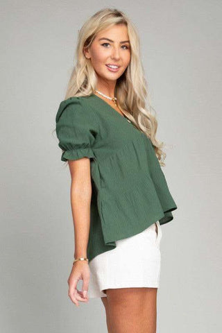 Button Front Puff Sleeve Blouse, Dark Green - SwagglyLife Home & Fashion Button Front Puff Sleeve Blouse, Dark Green - SwagglyLife Home & Fashion