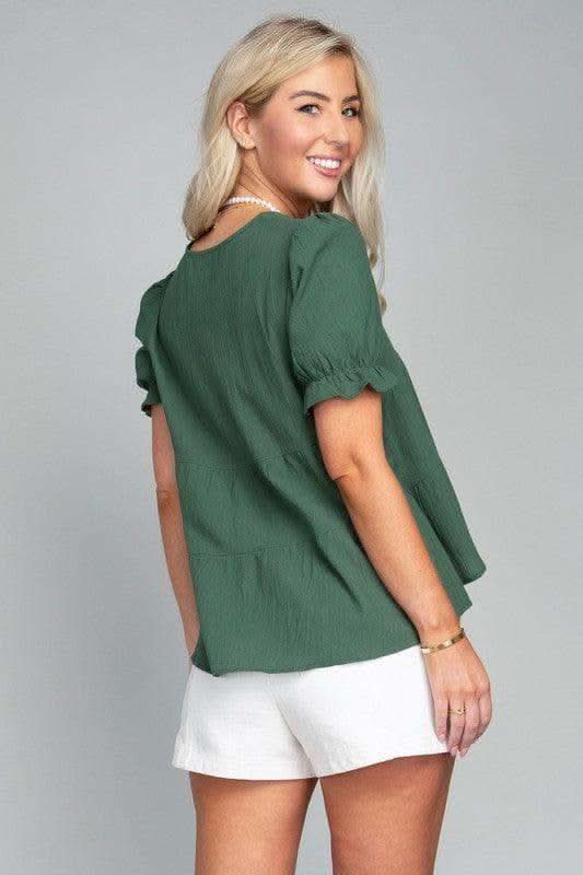 Button Front Puff Sleeve Blouse, Dark Green - SwagglyLife Home & Fashion Button Front Puff Sleeve Blouse, Dark Green - SwagglyLife Home & Fashion