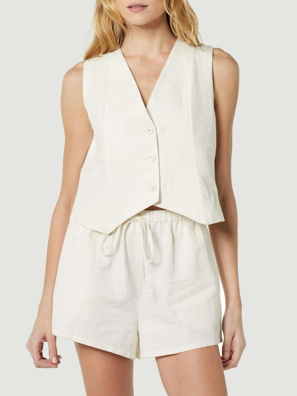 Button Up V-Neck Top and Pocketed Shorts Set in White - photo
