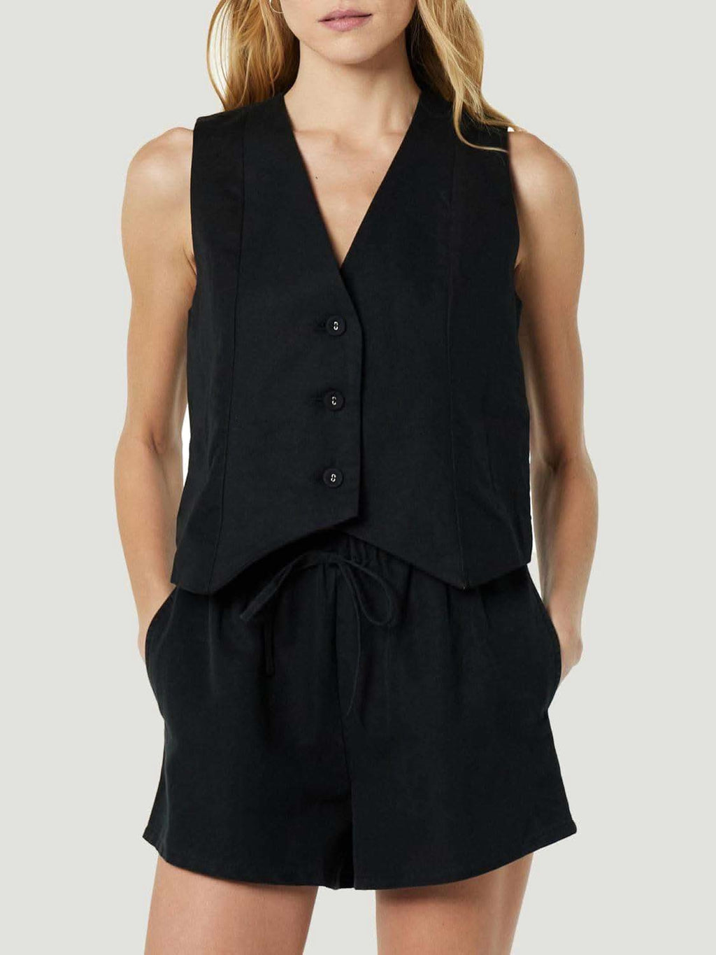 Button Up V-Neck Top and Pocketed Shorts Set in Black - photo