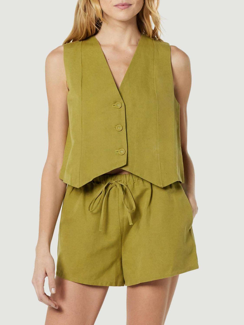 Button Up V-Neck Top and Pocketed Shorts Set in Yellow-Green - photo