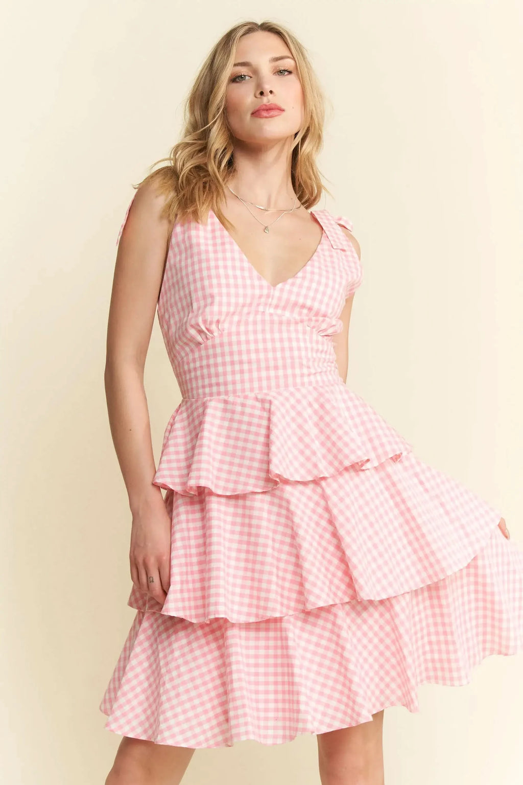 Jade By Jane Full Size Gingham Tiered Mini Dress Plus Size in CANDY PINK - photo