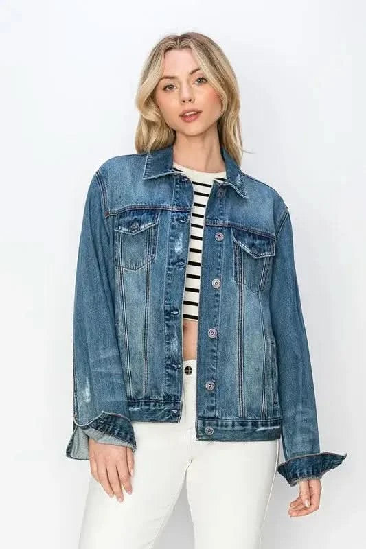 RISEN Full Size Distressed Button Up Jacket in - photo