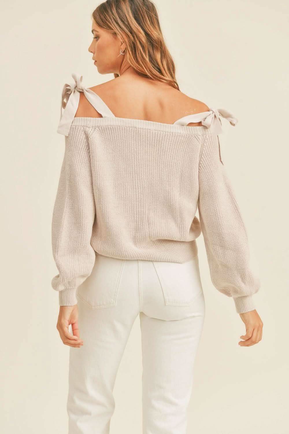 MABLE Off Shoulder Self Tie Strap Button Down Sweater - SwagglyLife Home & Fashion