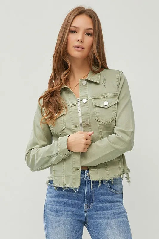 RISEN Full Size Raw Hem Button Up Cropped Denim Jacket Plus Size in - photo