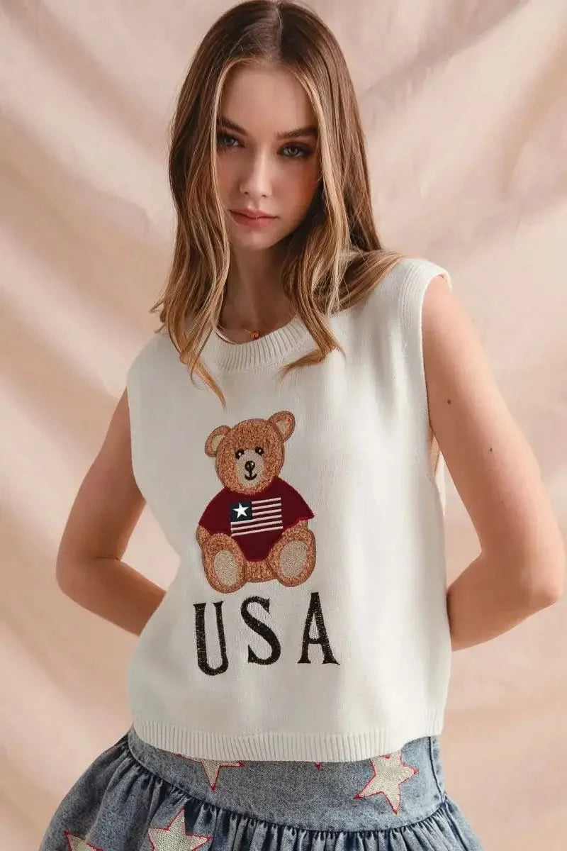 SO ME Teddy Bear Wearing An American Flag With Usa Embroidered Sweater Vest in - photo