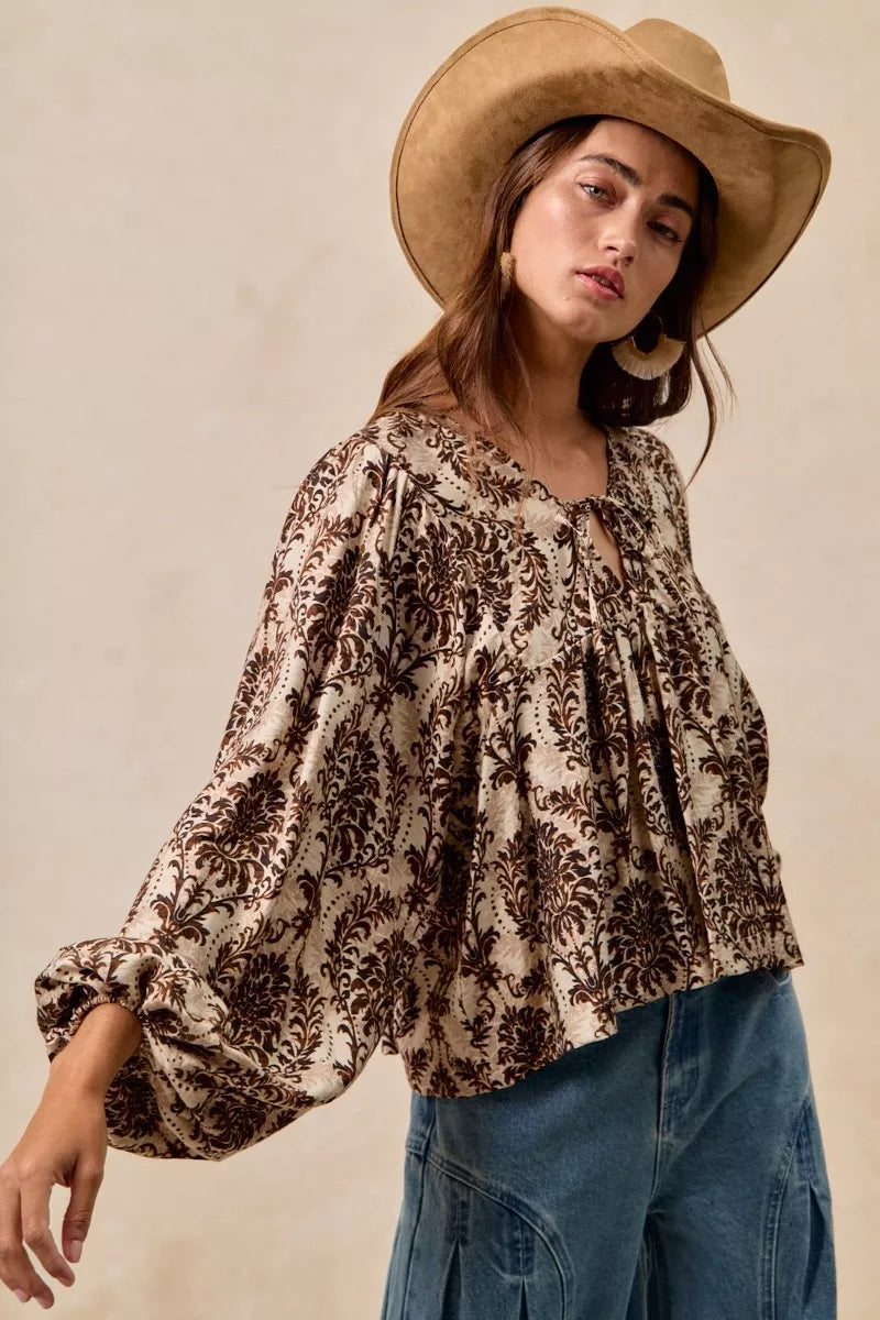 BiBi Printed Woven Front Tied Blouse with Baloon Sleeve in - photo