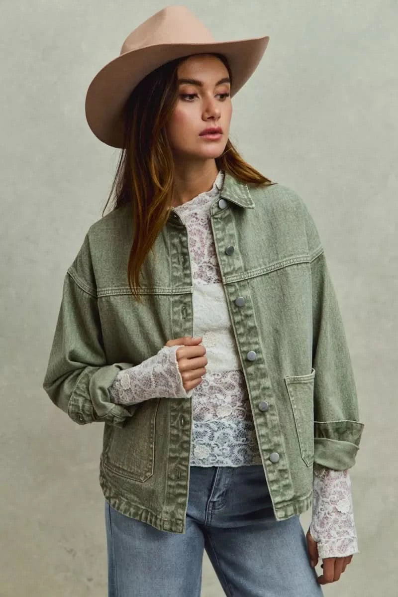 SO ME Vintage Washed Button Twill Shacket in - photo