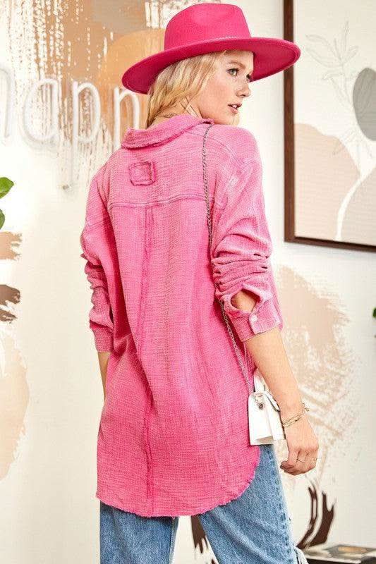 Washing Wrinkled Gauze Button Down Shirt With Rough Edge - SwagglyLife Home & Fashion Washing Wrinkled Gauze Button Down Shirt With Rough Edge - SwagglyLife Home & Fashion