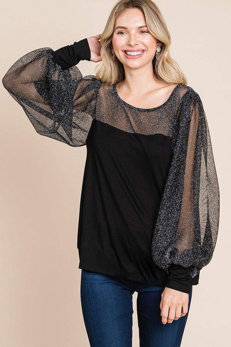 Super Lady Full Size Metallic Mesh Lantern Sleeve Blouse in - photo
