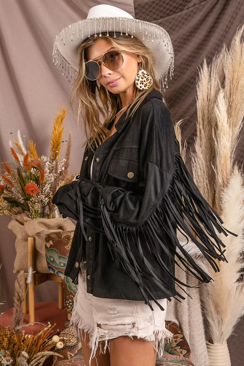 BiBi Suede Fringe Long Sleeve Jacket in - photo