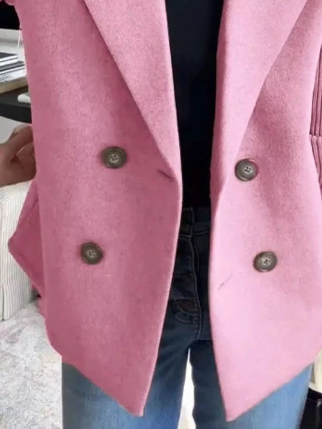 Knit Sleeve Double-Breasted Outerwear in - photo