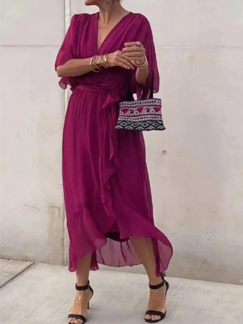 Flowy Tie Front Midi Dress with Flutter Sleeves in Purple Red - photo