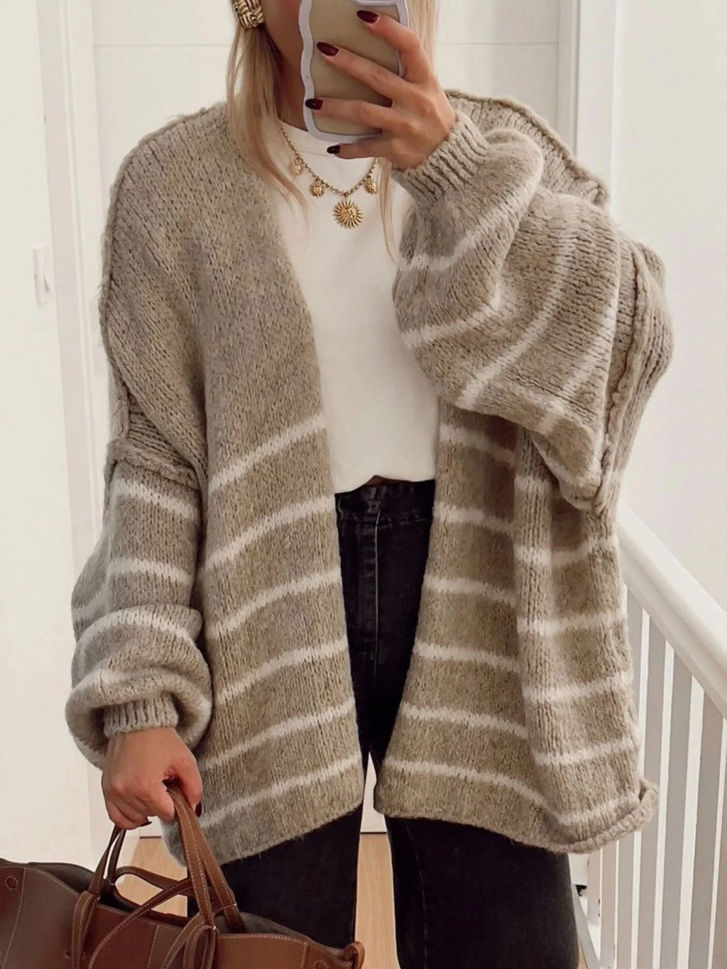 Striped Open Front Dropped Shoulder Cardigan in Khaki - photo