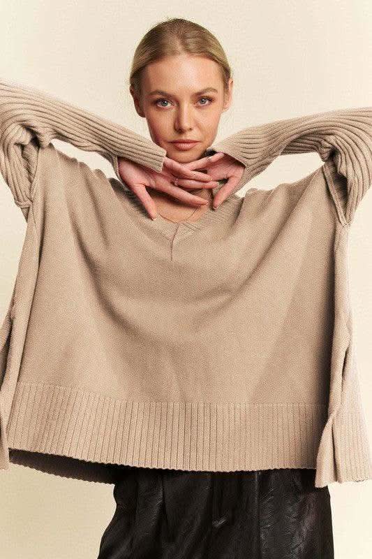 Davi & Dani Ribbed Side Slit V-Neck Sweater in - photo