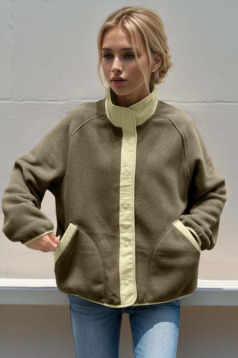 Double Take Snap Down Contrast Fleece Jacket with Pockets in Moss One Size - photo