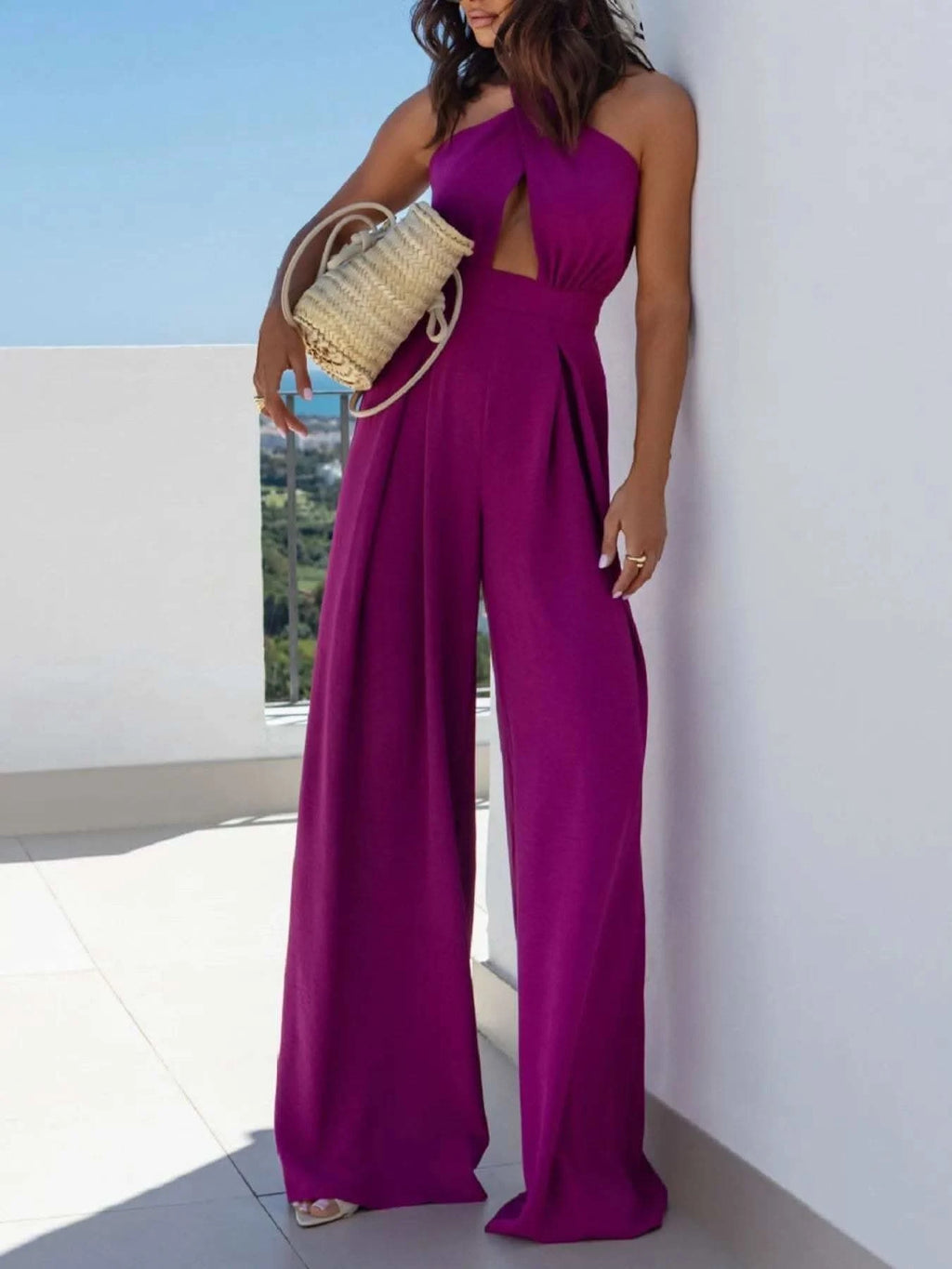 Wide Leg Cutout Halter Neck Jumpsuit - SwagglyLife Home & Fashion