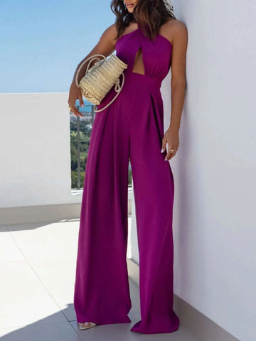 Wide Leg Cutout Halter Neck Jumpsuit - SwagglyLife Home & Fashion Wide Leg Cutout Halter Neck Jumpsuit - SwagglyLife Home & Fashion