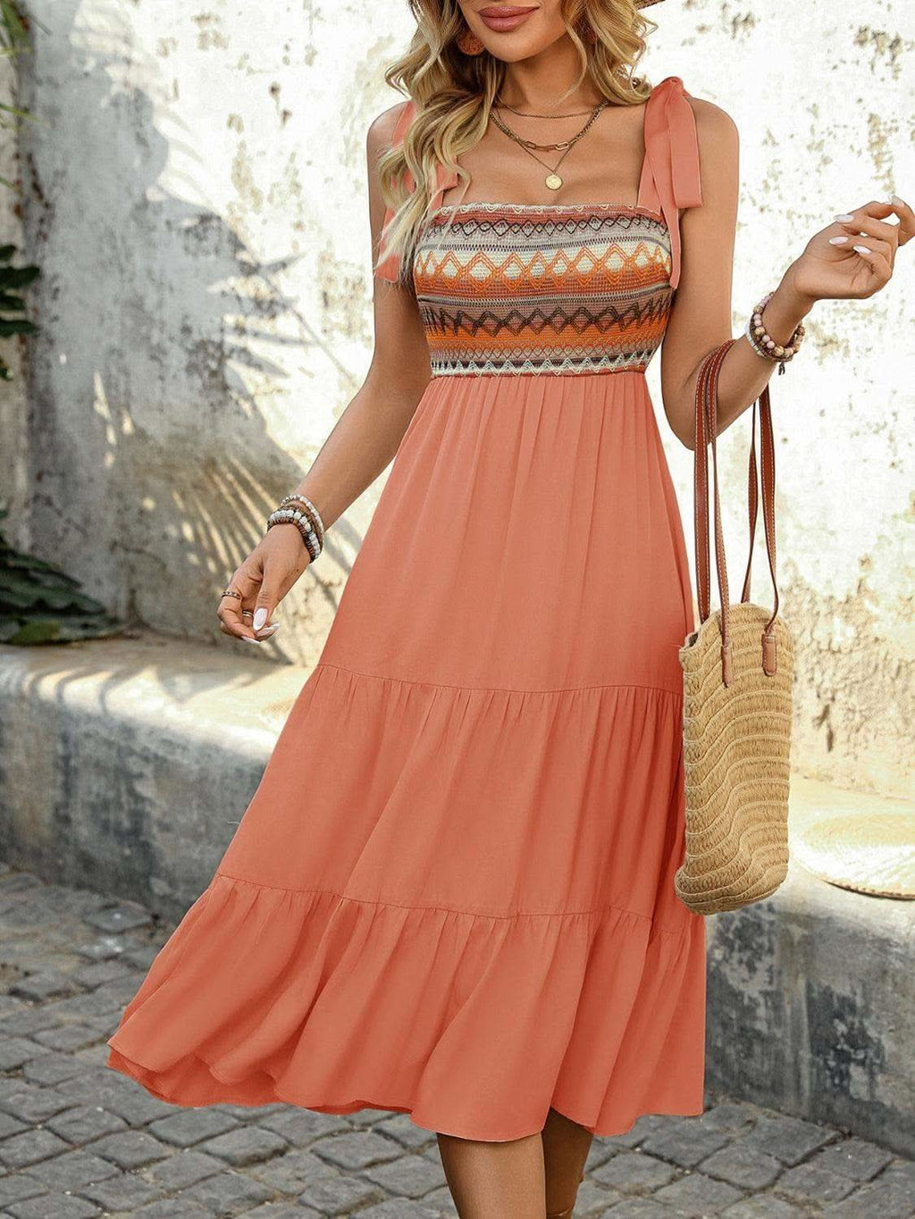 Tie Shoulder Square Neck Tiered Midi Dress in - photo