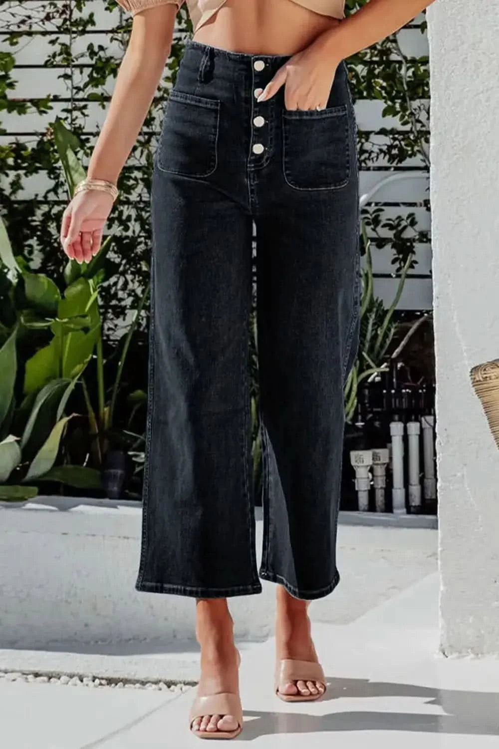 Button Fly Cropped Wide Leg Jeans in Black - photo