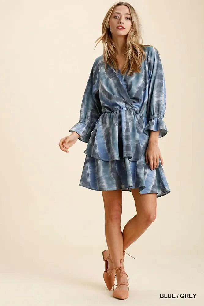 Umgee Tie Dye Ruffled Layered Dress with Elastic Waistband in BLUE GREY - photo
