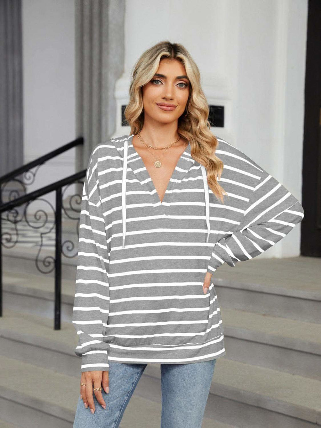 Drawstring Striped Long Sleeve Hoodie - SwagglyLife Home & Fashion