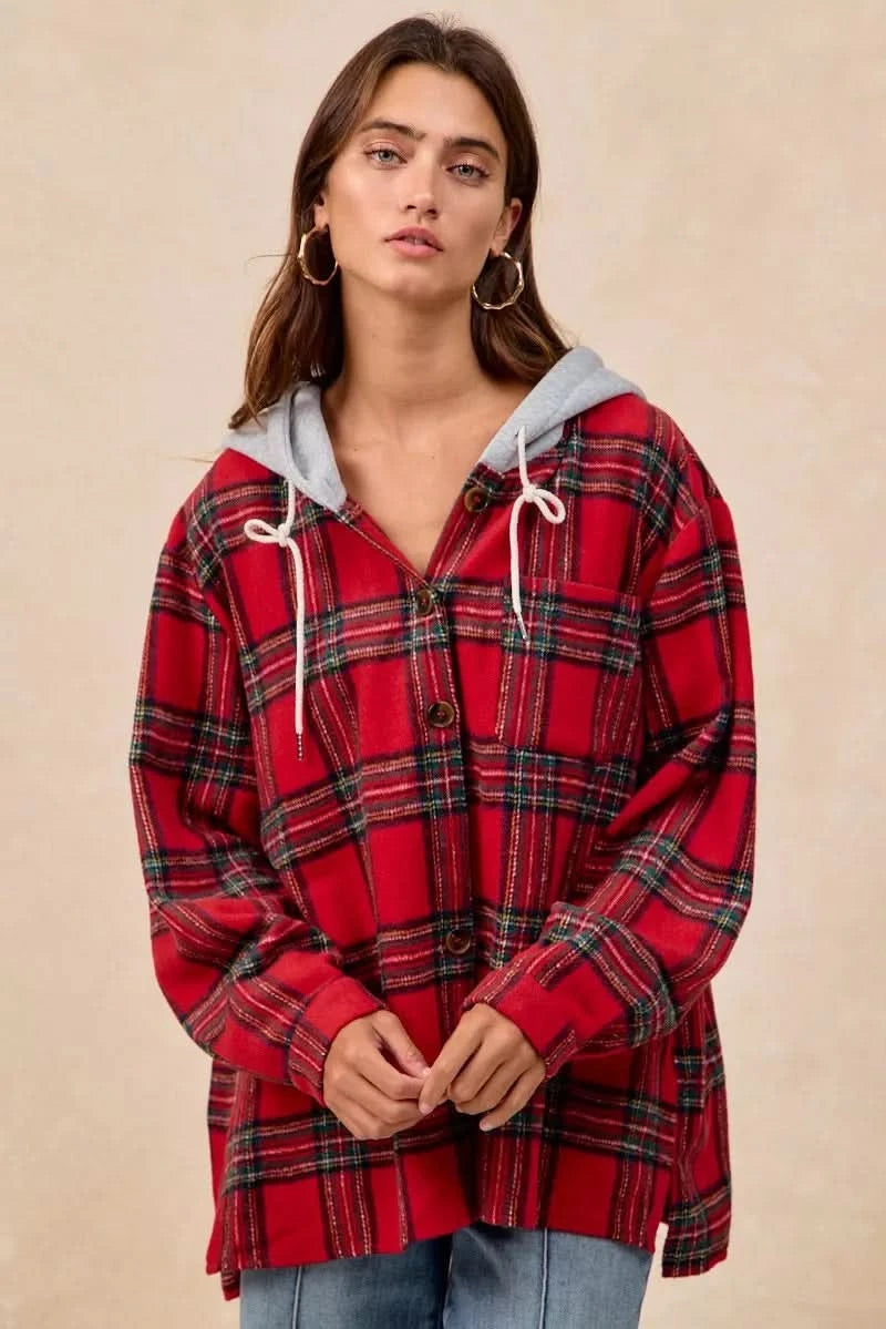 BiBi Brushed Plaid Hooded Jacket in RED PLAID - photo