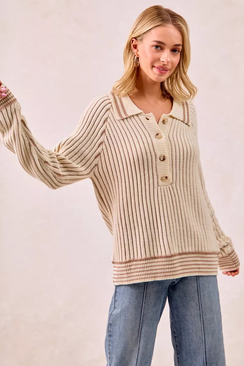 BiBi Half Button Ribbed Two Tone Sweater - SwagglyLife Home & Fashion