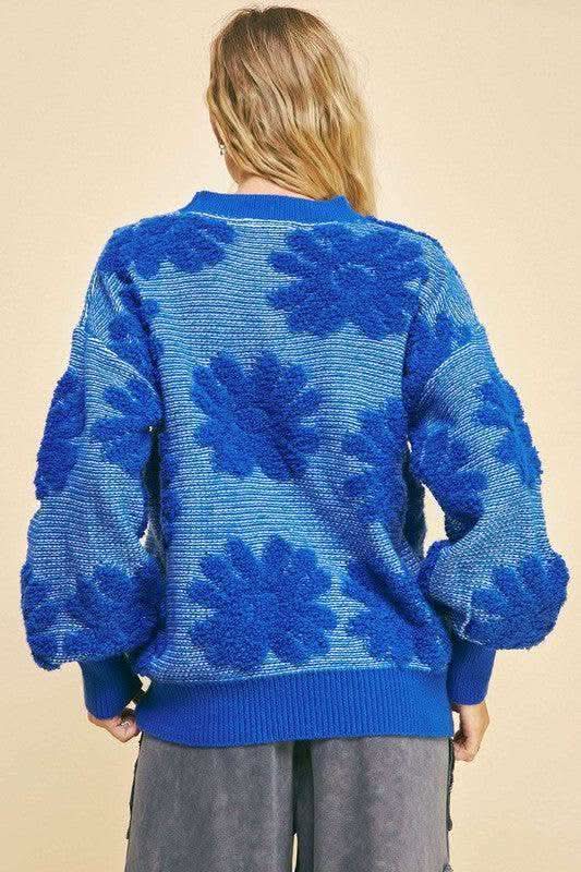 Davi & Dani Flower Texture Round Neck Dropped Shoulder Sweater - SwagglyLife Home & Fashion