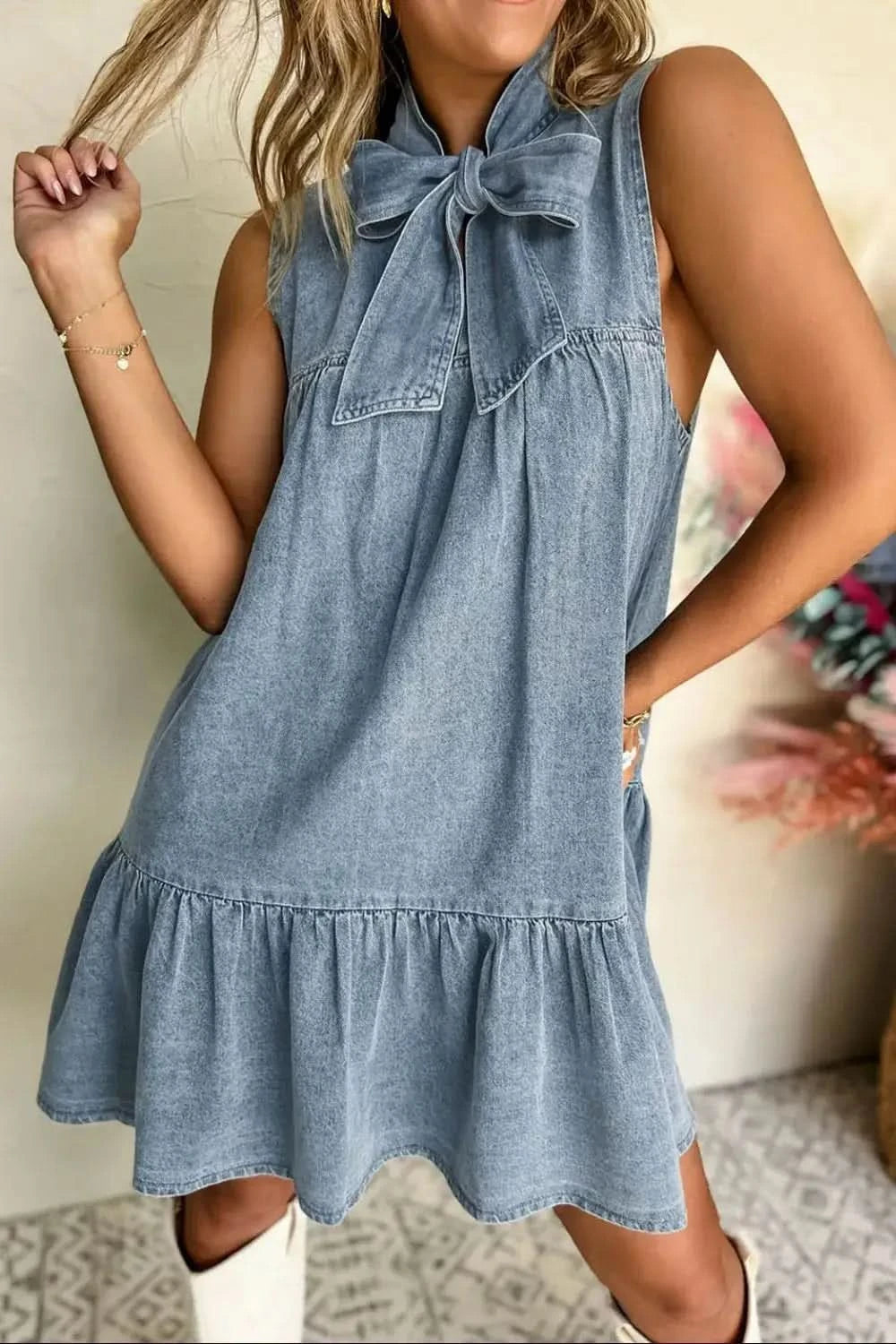 Tie Neck Sleeveless Denim Dress in Dusty Blue - photo