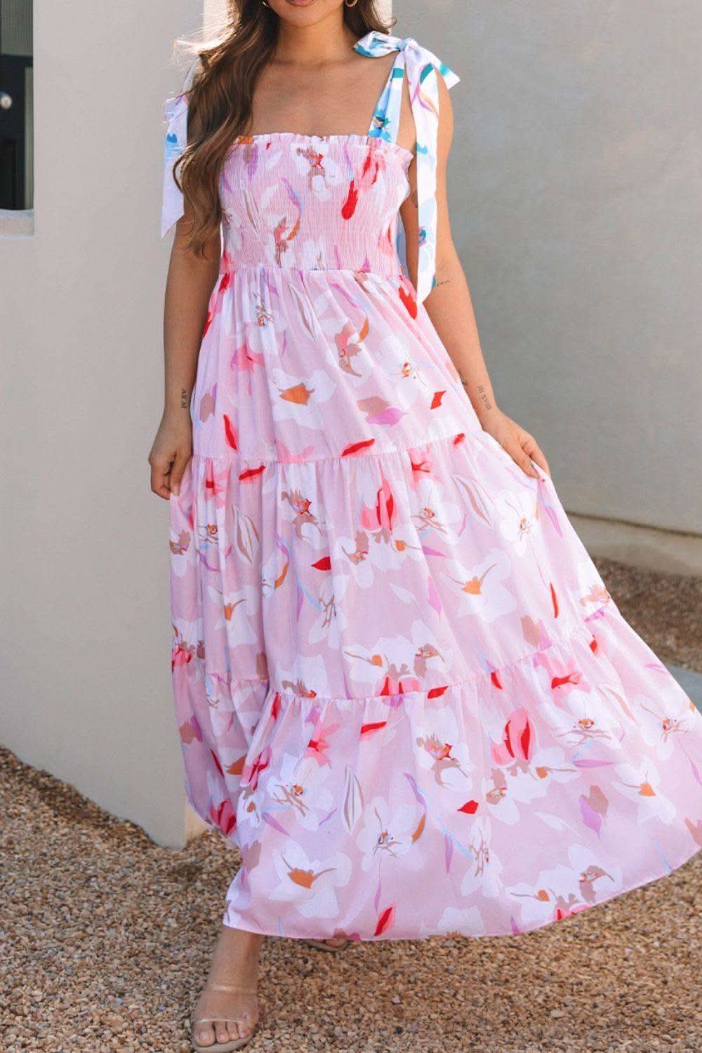 Floral Print Knotted Shoulder Smocked Maxi Dress in - Dresses photo