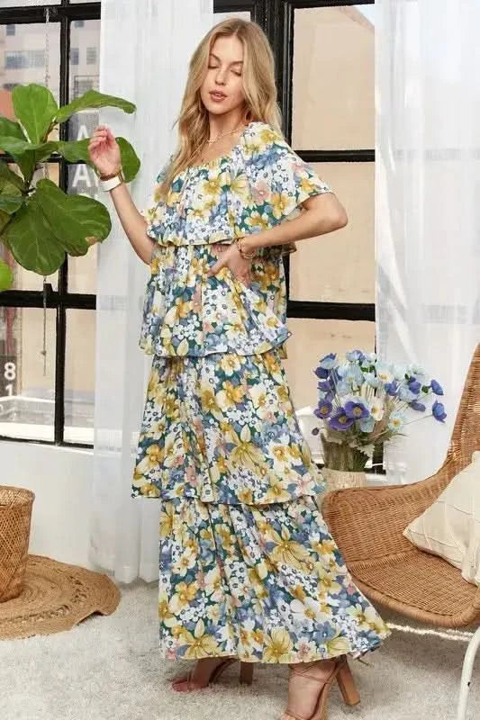 ADORA Layered Floral Off-Shoulder Short Sleeve Maxi Dress in - photo