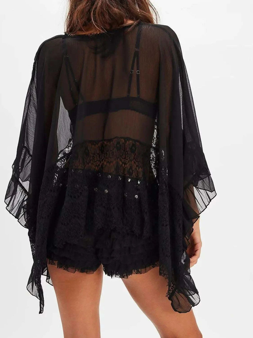 Lace V-Neck Ruffle Long Sleeve Cover-Up - SwagglyLife Home & Fashion