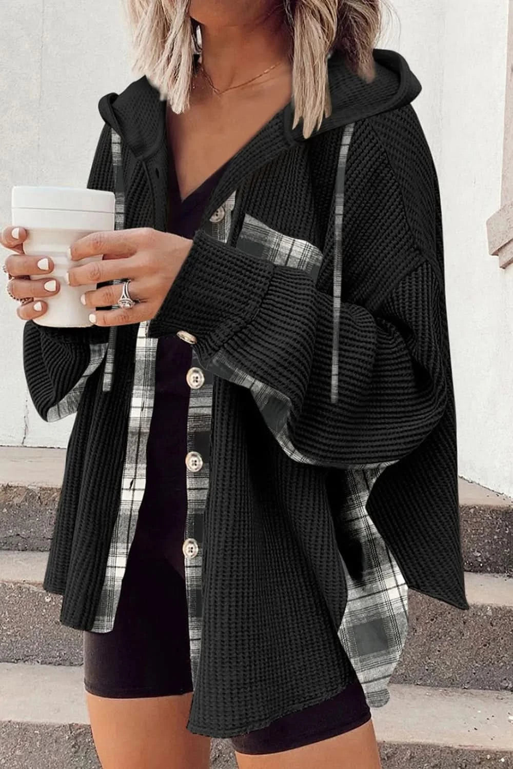 Waffle Knit Plaid Patchwork Drawstring Hooded Shacket in Black - photo