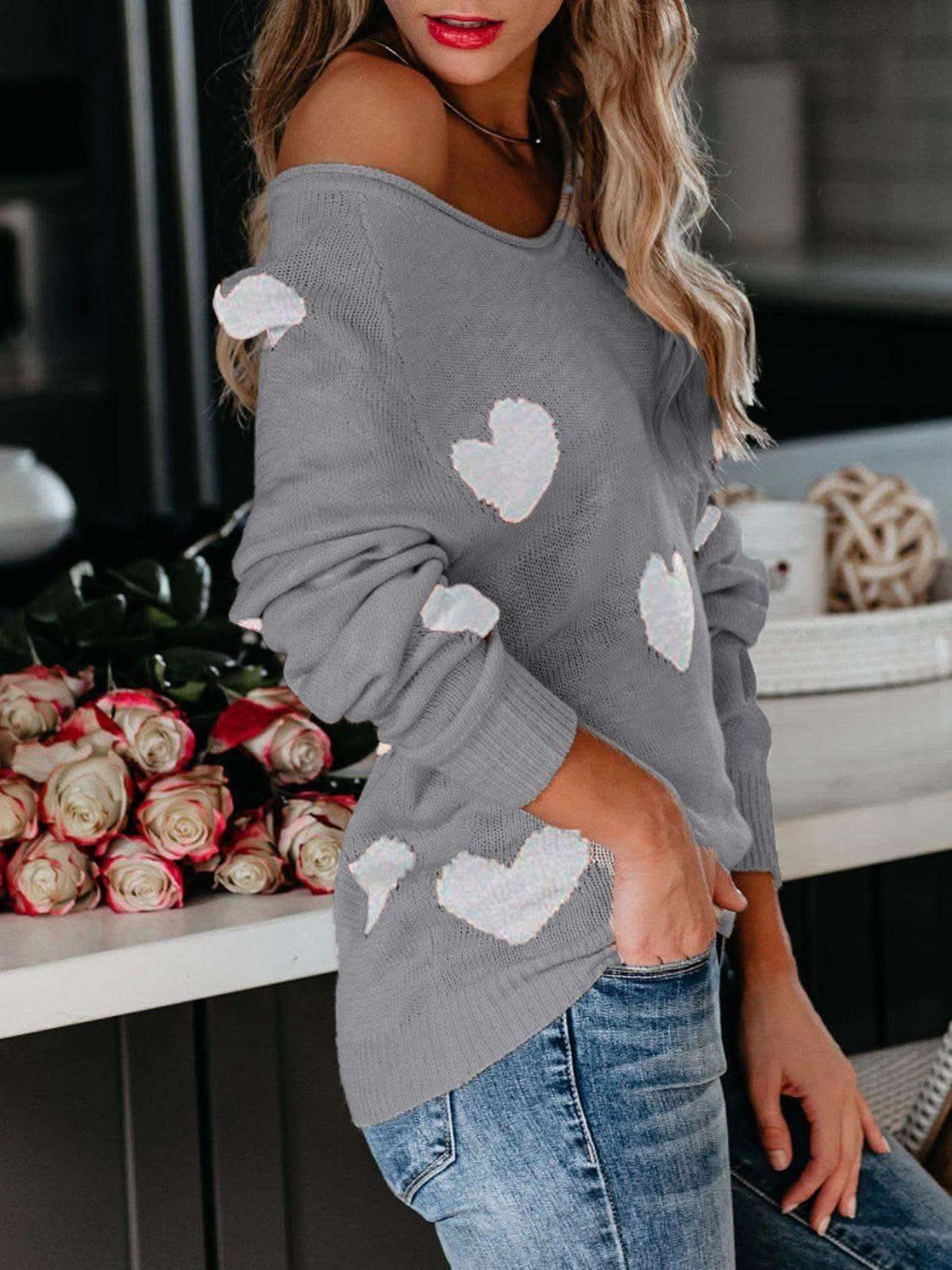 Heart Scoop Neck Long Sleeve Sweater in Gray - photo