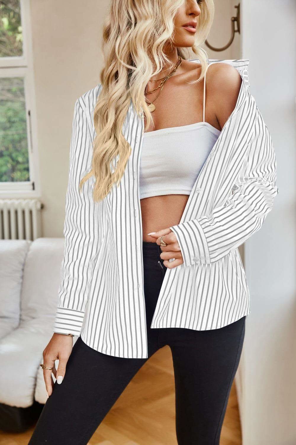 Striped Button Up Long Sleeve Shirt - SwagglyLife Home & Fashion
