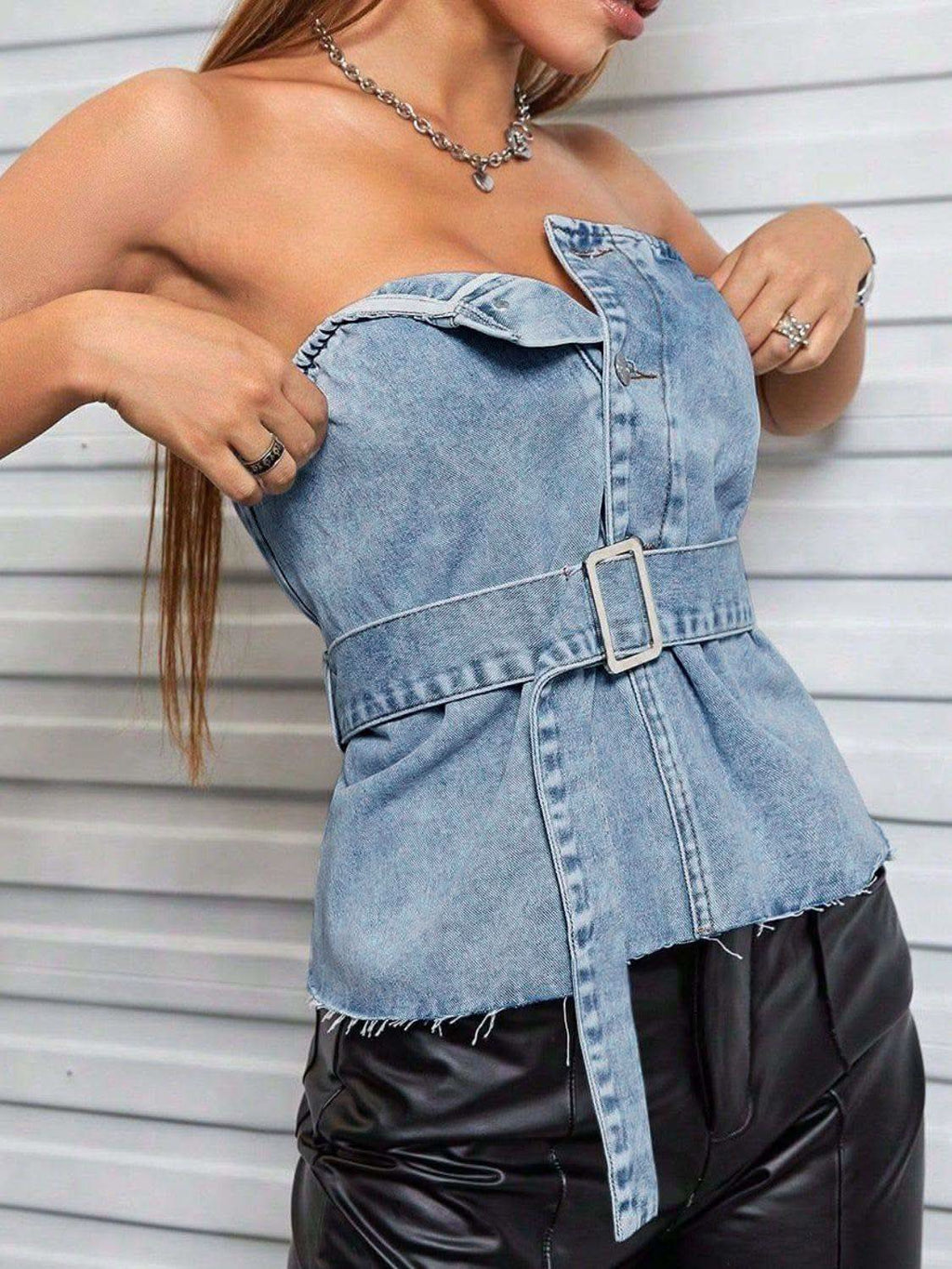Frayed Hem Button Detail Tube Top - SwagglyLife Home & Fashion