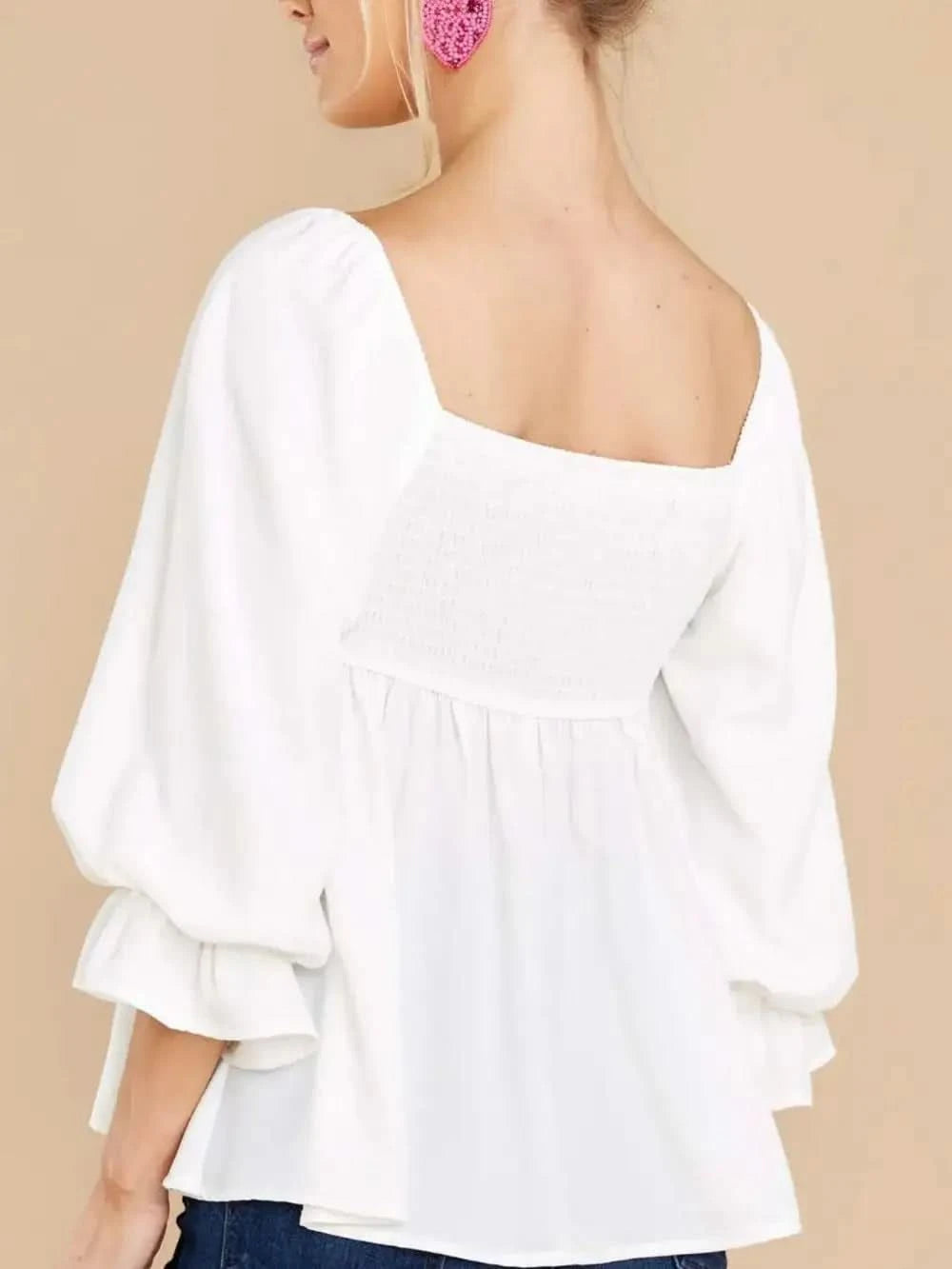 Smocked Square Neck Flounce Sleeve Blouse in - photo