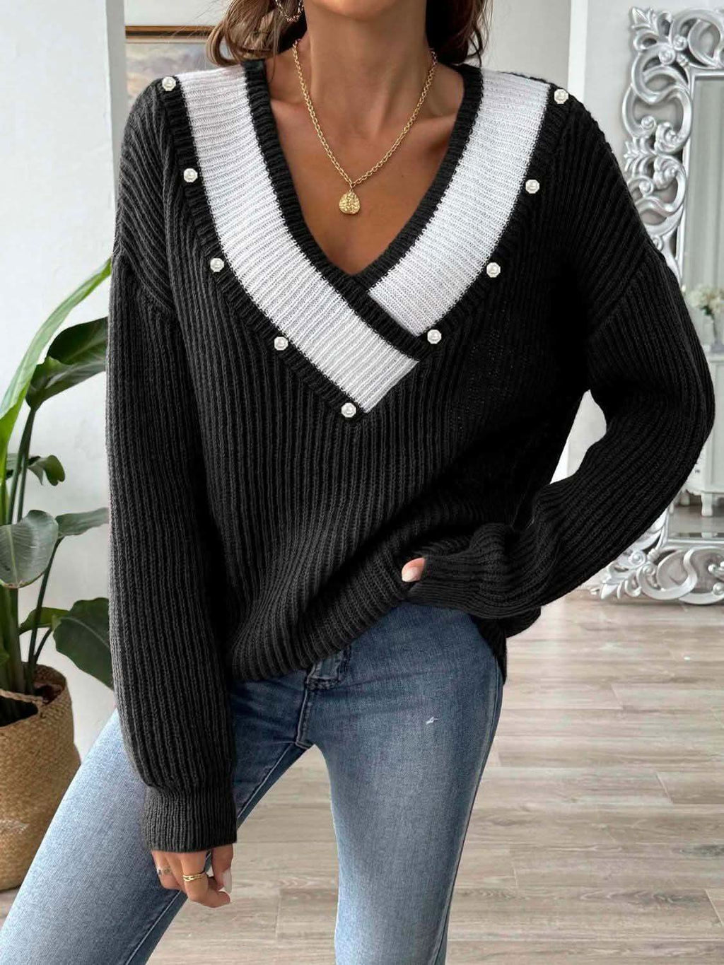 Contrast Trim Dropped Shoulder Long Sleeve Sweater in Black One Size - photo